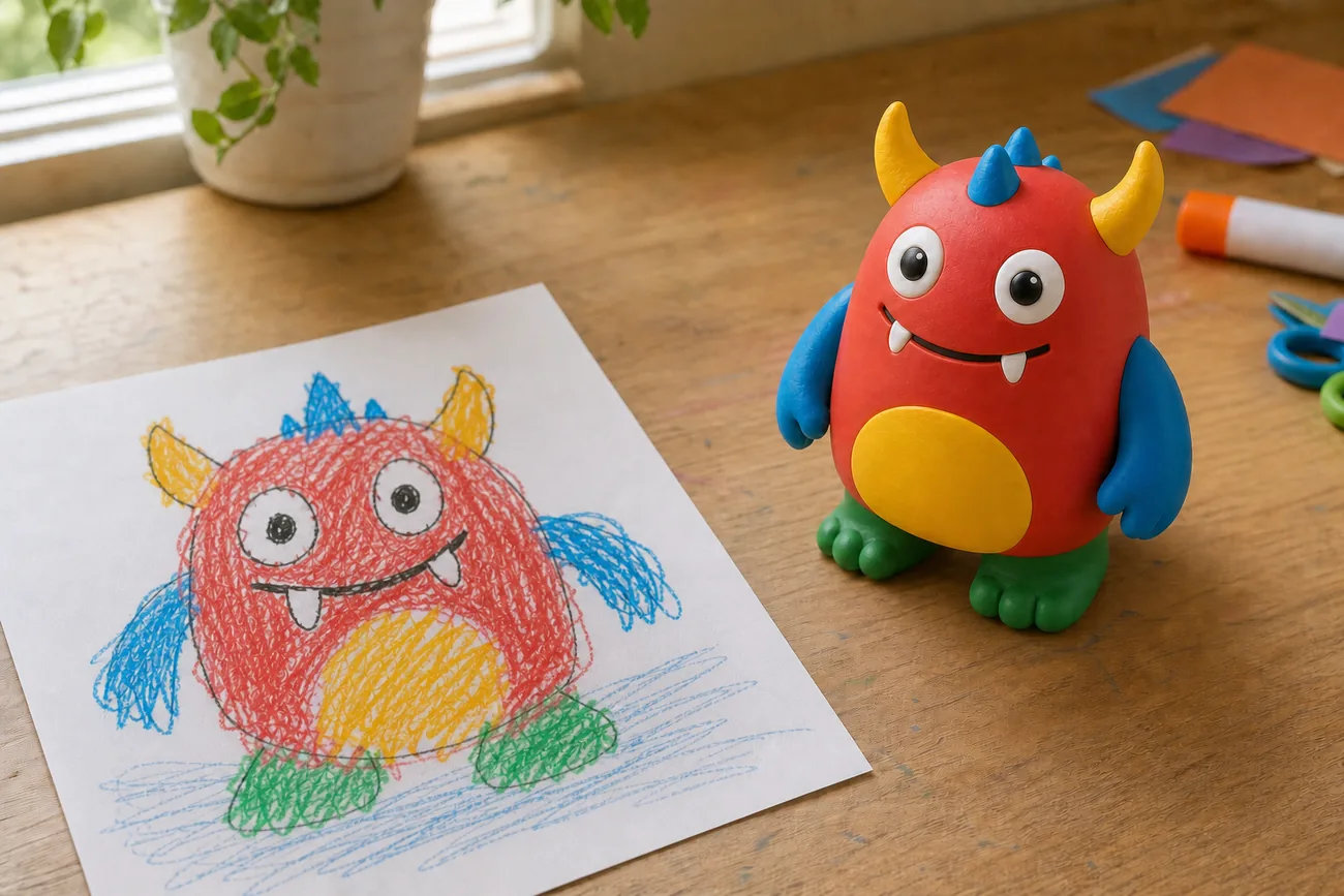 A drawing beside a custom 3D printed model