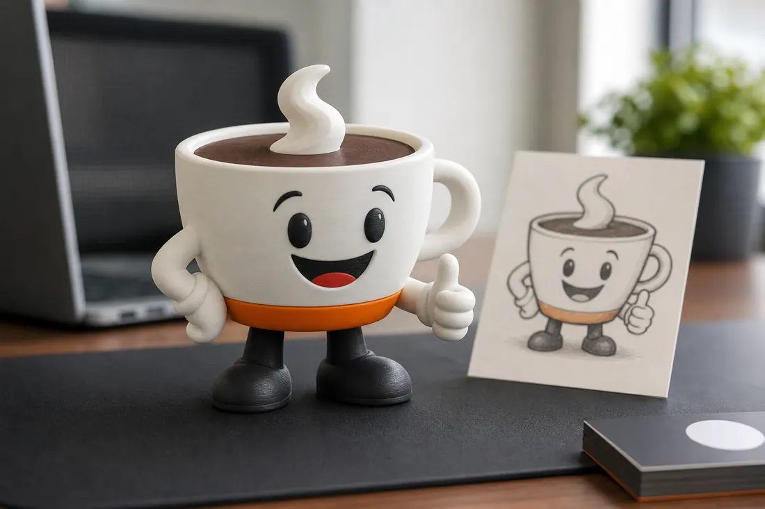 A business mascot drawing turned into a 3D printed model