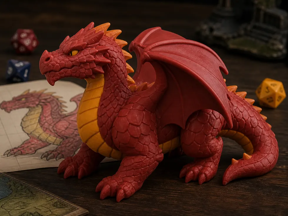 A dragon drawing turned into a tabletop-style 3D printed miniature